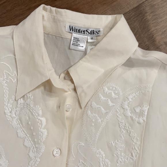 WinterSilks cream embroidery silk and linen shirt, size M but oversized - Picture 3 of 8
